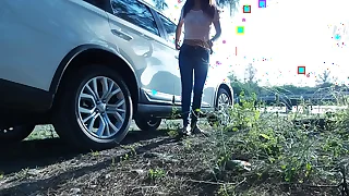 Piss Stop - Compelling Outdoor Roadside Pee and Cock Sucking by Asian Girl Tina in Blue Jeans